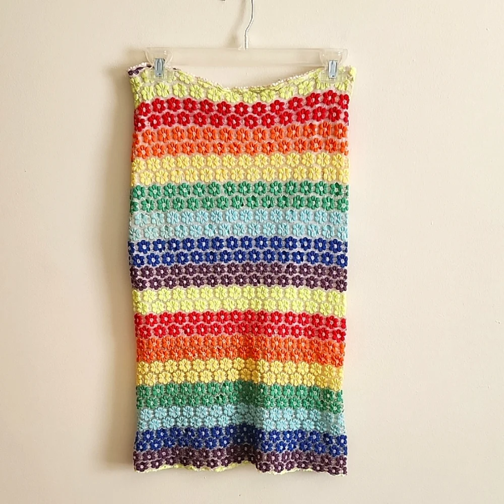 Forepas Vintage Midi Skirt Colorful Striped Floral Crochet Skirt Womens Small XS